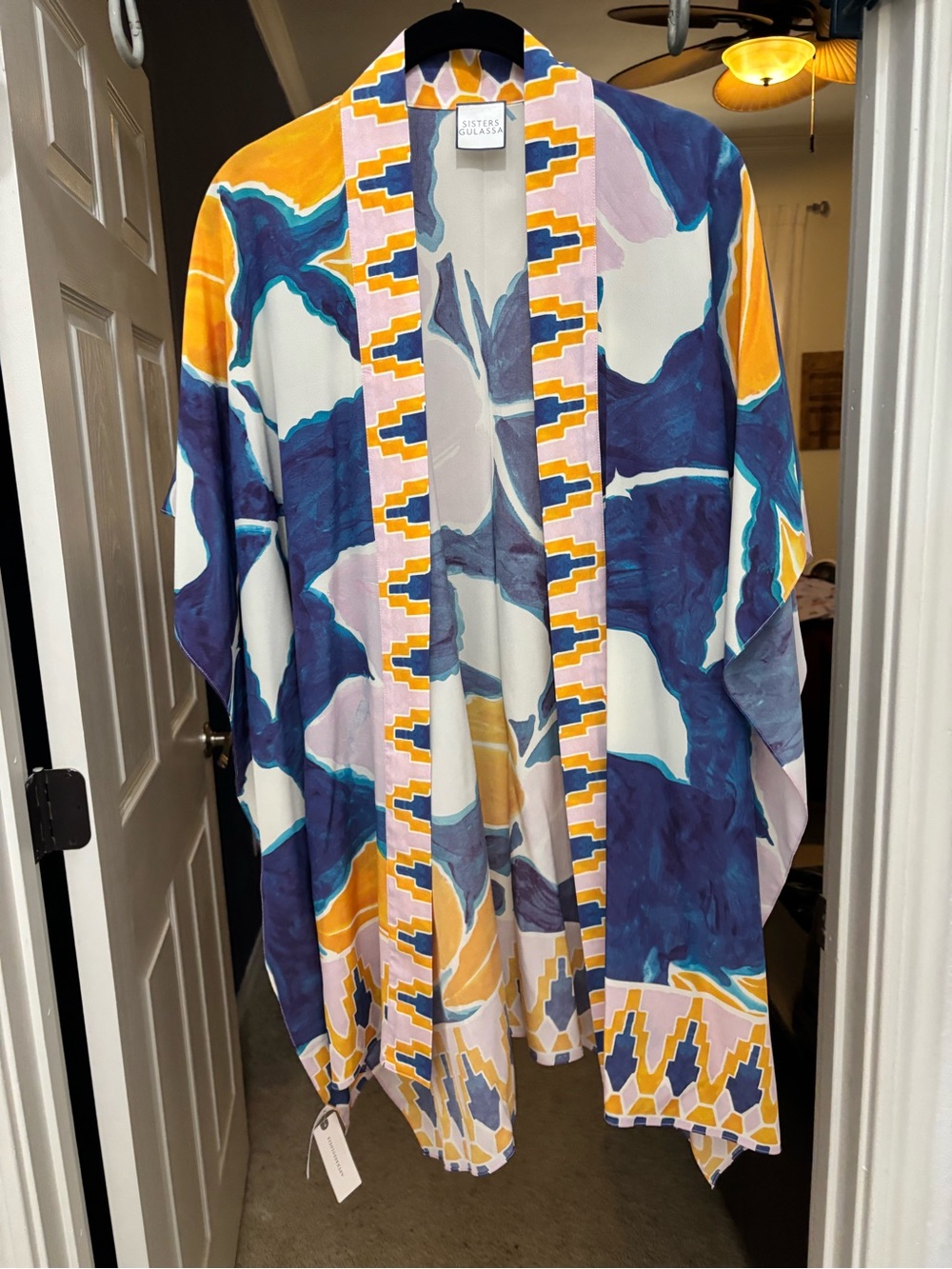 Abstract Printed Kimono Robe in Navy, Mustard & Cream -